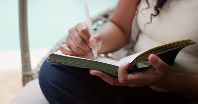 Writing, journal and hands of woman outdoor with agenda, feelings or emotions in notebook. Mental health, relax and female person with diary with to do list, personal growth or self care at home.