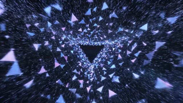 Abstract geometric tunnel with glowing triangular shapes in outer space