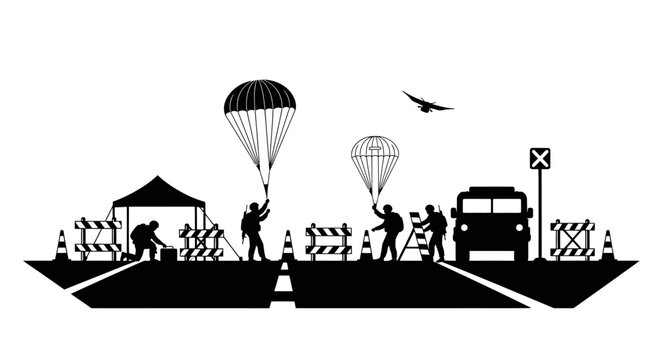 Construction Crew with Parachutes and Truck on Road