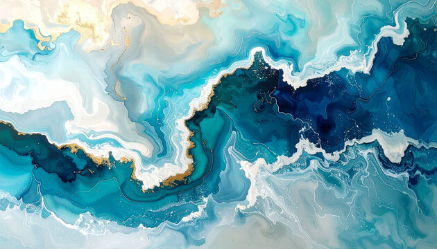 Abstract fluid art design in shades of blue and gold for artistic use