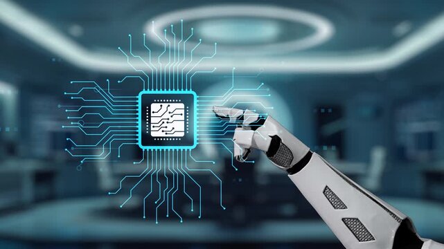 A futuristic robot hand points towards a digital microchip against a backdrop of circuit patterns, symbolizing advanced technology and automation in a modern office environment. Auvana