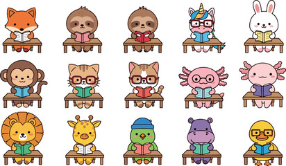 Fototapeta premium Cute animals reading books at school desks cartoon vector set with lion giraffe fox bunny monkey students