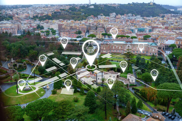 Fototapeta premium City view with shopping points and landmarks in a green park