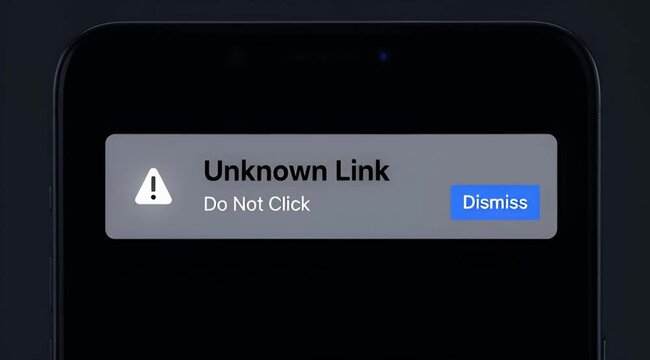 Smartphone Screen Showing Unknown Link Phishing Notification Alert with Cursor Clicking