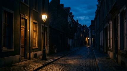 Quiet Street at Night with Glowing Street Lamps