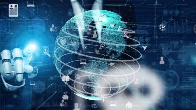 Abstract digital globe surrounded by technology icons depicting global connectivity and innovation, illustrating the intersection of virtual reality and communication technology. Xenic