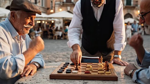 Three older men playing draughts outdoors.