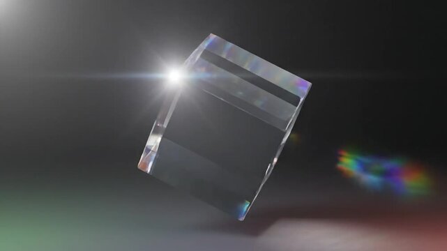 A floating crystal cube refracts light on a reflective surface against a dark background with colorful streaks