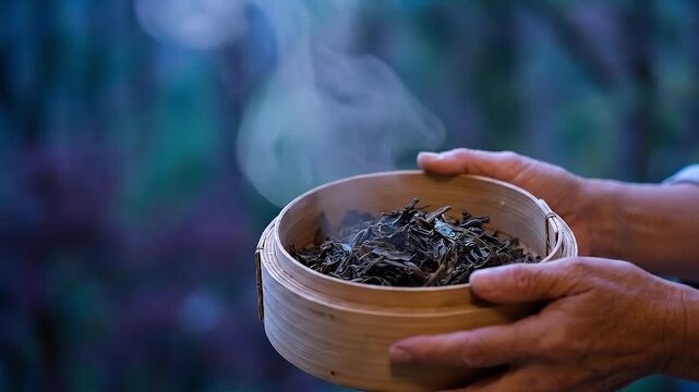 Steaming tea bamboo steamer dried leaf traditional preparation herbal drink hot beverage Asian culture relaxation aromatic healthy lifestyle hand steam bamboo bowl nature organic herbal leaf aroma