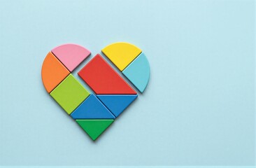 Colorful geometric shapes form a heart on soft blue background.