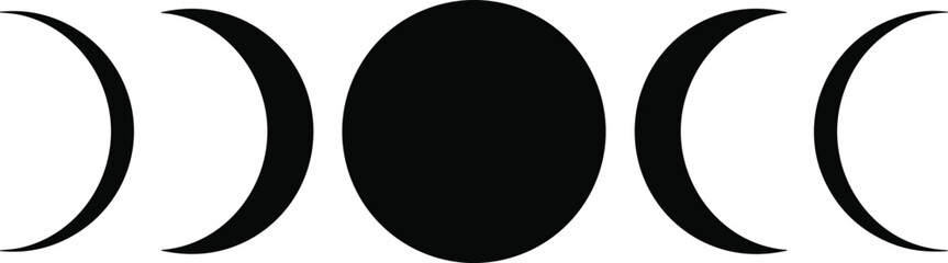 moon phases silhouette set, lunar cycle crescent to full moon sequence, astronomy celestial illustration black isolated design © PROTAP
