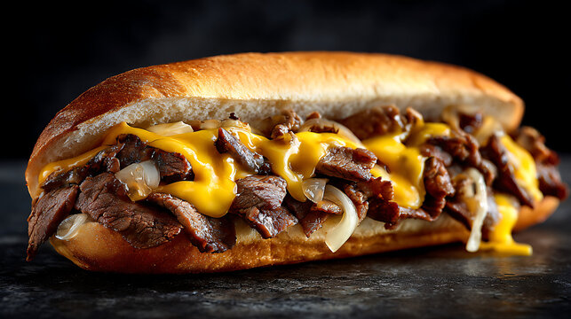 A classic Philly cheesesteak sandwich featuring tender grilled beef, melted cheese, and caramelized onions, all nestled in a toasted hoagie roll
