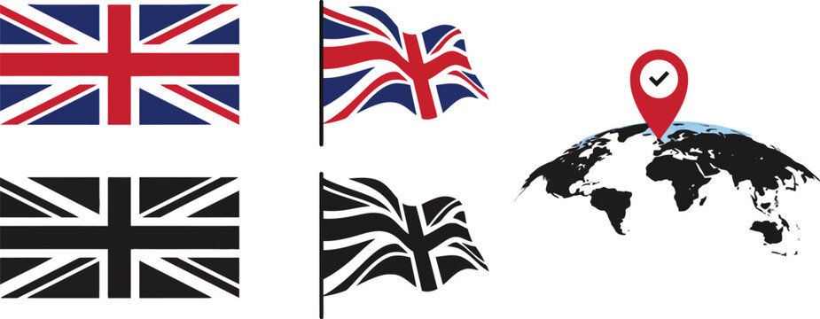 United Kingdom flag icon set with a global location marker
