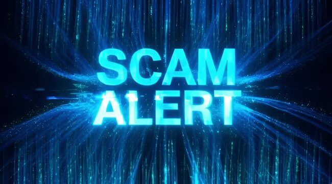 Dynamic Scam Alert Warning Text with Digital Glitch Effect and Matrix Style Background