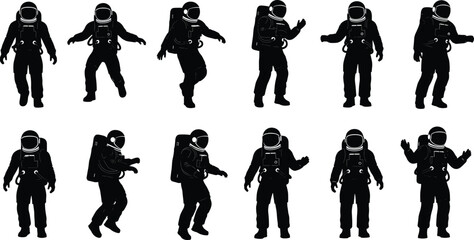 Collection of astronauts in various dynamic poses for space mission illustration © Mst
