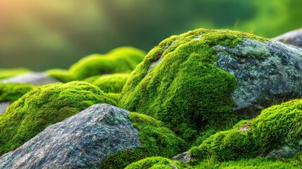 Close up of moss covered rocks in soft sunlight environmental texture