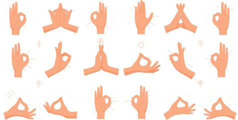 Obraz premium Hand yoga mudra gestures set meditation spiritual finger poses mindfulness relaxation symbols isolated vector illustration collection