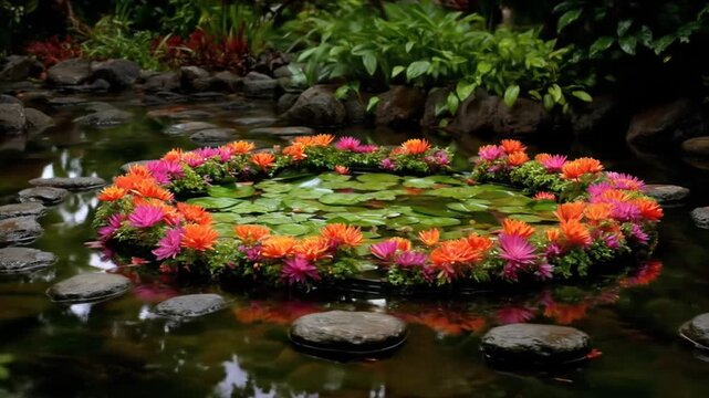 Colorful flowers and lily pads floating in tranquil pond overhead view
