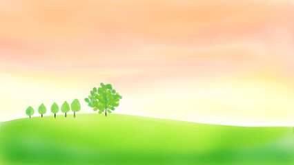 Fototapeta premium Minimal watercolor countryside landscape with trees and pastel sky background