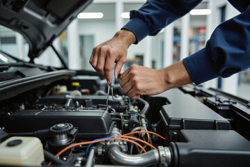 Obraz premium Hybrid Electric Vehicle Engine – Technological Inspection and Eco-Friendly Automotive Innovation for Green Technology Blogs and Sustainable Transport Presentations