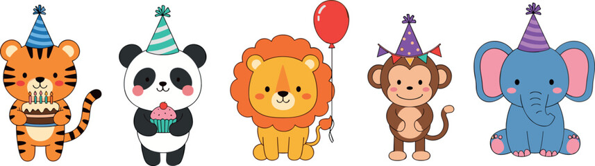 Cute birthday party animals set with tiger panda lion monkey elephant wearing hats cartoon vector illustration for kids celebration design © Jesika!
