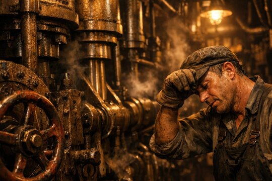 Industrial worker in protective gear operating heavy machinery in dimly lit factory with steam and metal tools