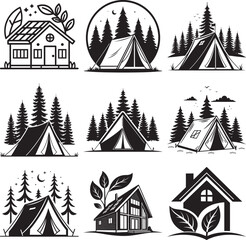Fototapeta premium Black and white of camping tents and houses with leaves msea set forest trees nature outdoor