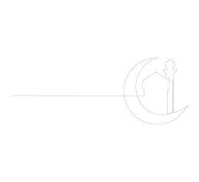 Ilustrasi Bulan Sabit dan Masjid dengan Gambar Garis Tunggal Berkesinambungan, Seni Garis Islami Minimalis untuk Kartu Ucapan Ramadan Kareem, Desain Eid Mubarak, Seni Doodle Vektor Religius