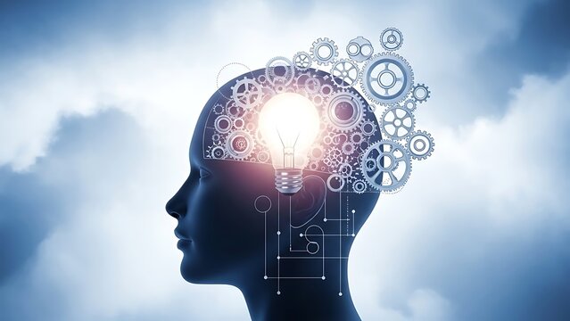 Human Head with Gears and Light Bulb Concept.