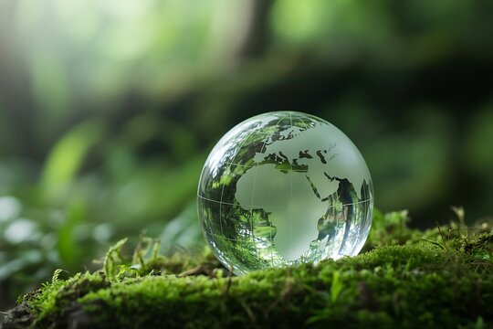 A glass globe depicting earth rests on vibrant green moss in a forest