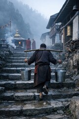 Monk carrying metal pots walking up stone steps in misty mountain village with traditional houses and foggy atmosphere