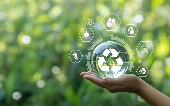 Hands holding a glass orb with recycling symbols representing sustainability and environmental care