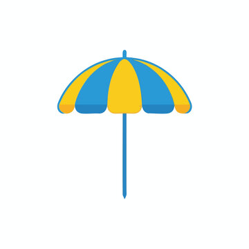 A blue and yellow beach umbrella with a pointy end on a white background
