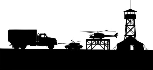 Obraz premium Military vehicles and structures including truck, helicopter, tank, watchtower, and tent in black silhouette design