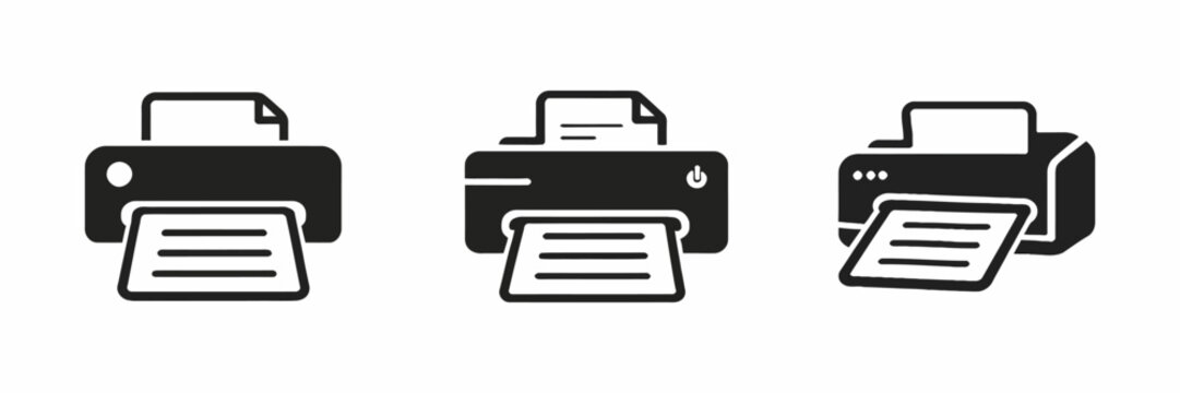 Set of three printer icons with paper emerging from the top