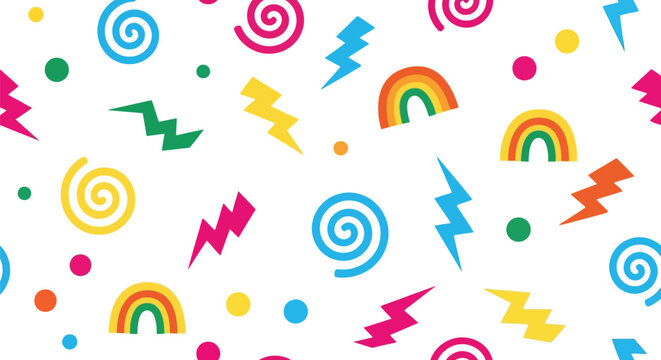 Colorful geometric vector pattern with rainbows, lightning bolts, and swirls on white background