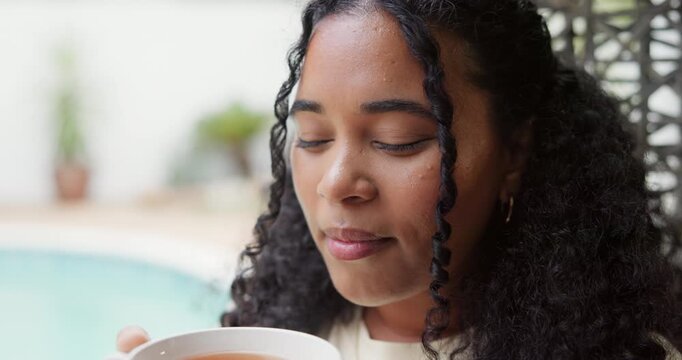 Wellness, thinking and woman in backyard with coffee, calm and satisfaction on weekend break. Reflection, drinking and female person at home with warm beverage, mindfulness and gratitude in free time