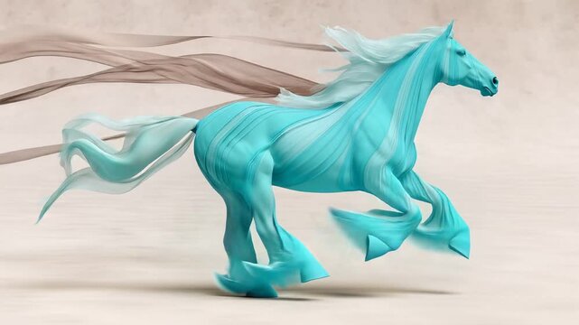 A blue horse runs swiftly across a sandy desert landscape with flowing mane.