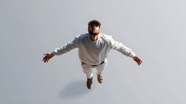 Overhead view of a man in mid air with arms outstretched symbolizing freedom achievement and aspi n against a clean neutral background