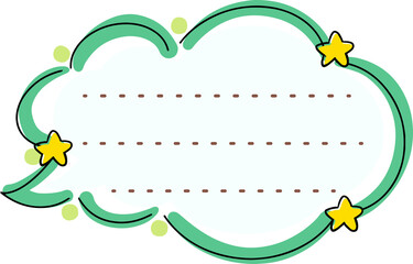 Illustrated cloud-shaped speech bubble decorated with green vines and yellow stars
