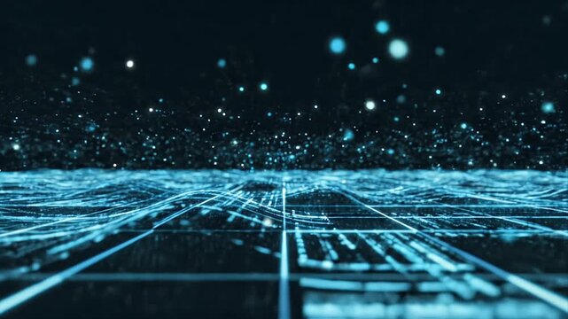 Futuristic AI data grid floor with soft pulsing blue glow and floating particles in deep space
