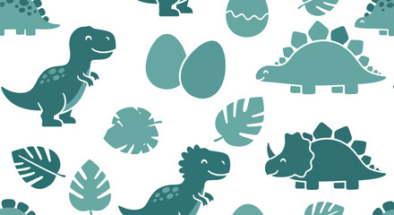 Dinosaur vector pattern with eggs and leaves seamless kids background illustration © azad