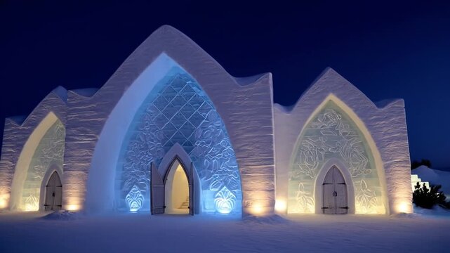 Ice structure illuminated at night with arched entrances and blue lighting