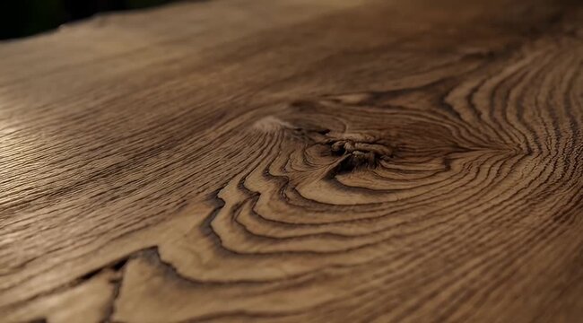 Closeup of detailed dark brown wooden plank texture with a knot