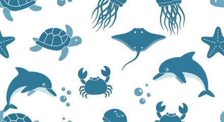 Sea Animals Vector Pattern with Dolphin, Turtle, Crab, Jellyfish, and Starfish Illustration © azad