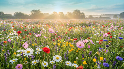Obraz premium Vibrant Wildflower Field Sunrise Golden Hour Scenic Nature Landscape Beautiful Blooms Sunlight