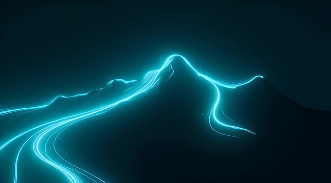 Digital mountain range illuminated by neon blue lines against a dark background