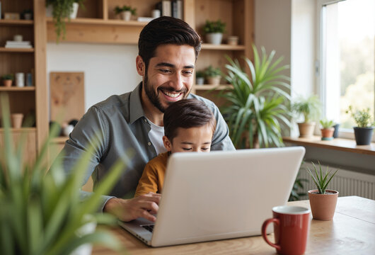 Modern Ethnic Father Working Remotely with Playful Son for Freelance Lifestyle, Work-Life Balance, and Family Content