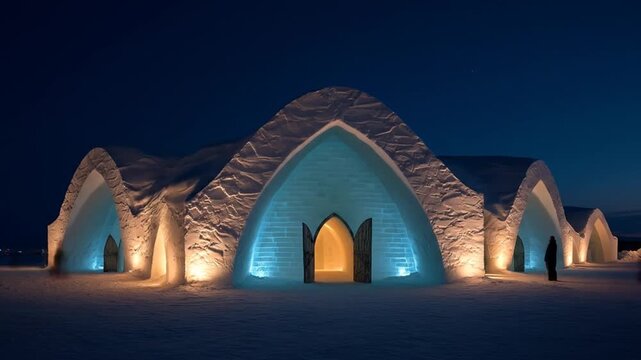 Snowy architecture illuminated at night with arched entrances
