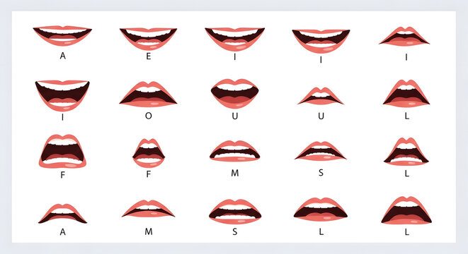 Collection of fifteen cartoon mouth shapes showing different visemes for 2D animation and lip syncing English speech sounds